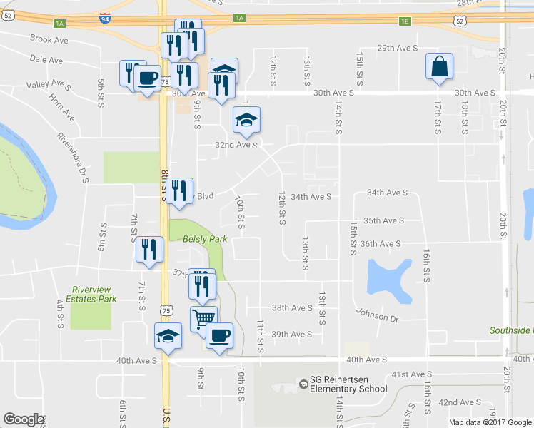 map of restaurants, bars, coffee shops, grocery stores, and more near 3434 10th Street South in Moorhead