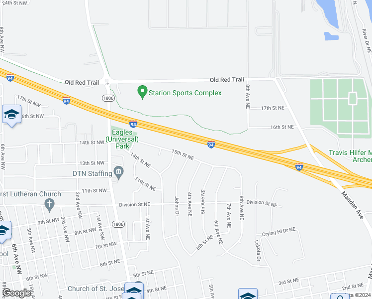 map of restaurants, bars, coffee shops, grocery stores, and more near 428 15th Street Northeast in Mandan