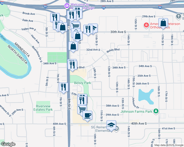 map of restaurants, bars, coffee shops, grocery stores, and more near 3403 10th Street South in Moorhead