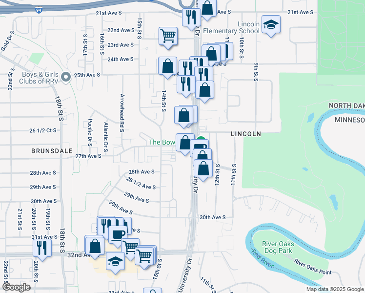 map of restaurants, bars, coffee shops, grocery stores, and more near 2701 South University Drive in Fargo