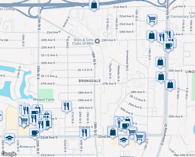 map of restaurants, bars, coffee shops, grocery stores, and more near 2636 18th Street South in Fargo