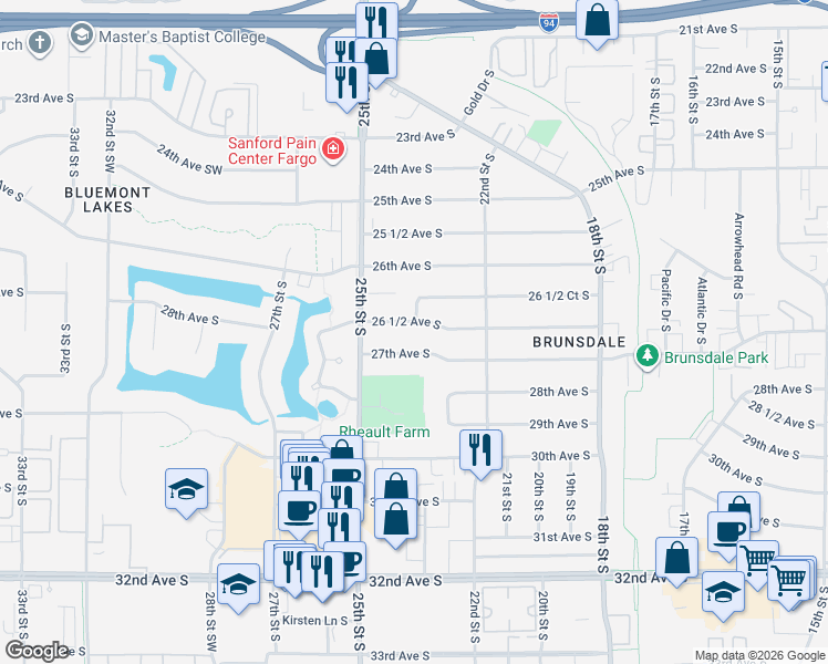 map of restaurants, bars, coffee shops, grocery stores, and more near 2320 26 1/2 Avenue South in Fargo
