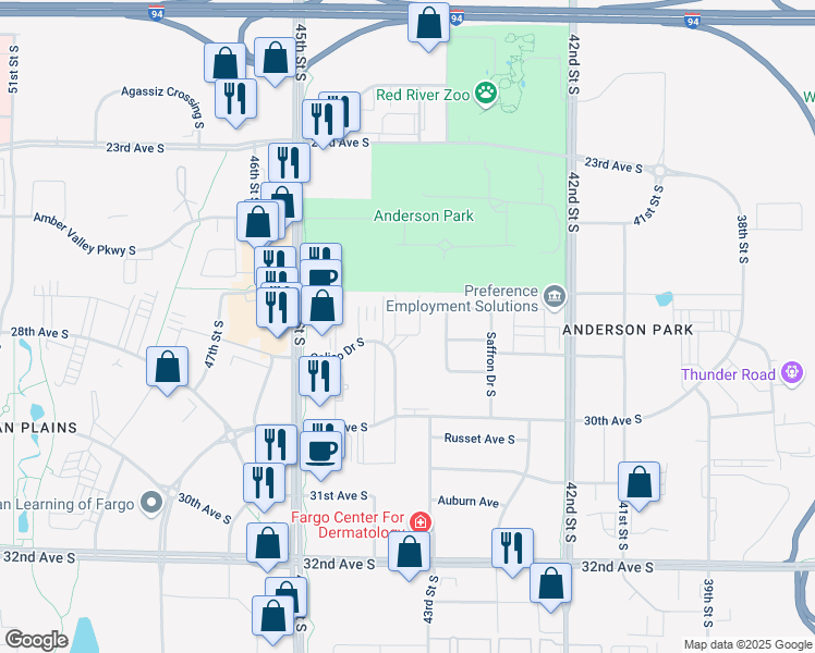 map of restaurants, bars, coffee shops, grocery stores, and more near 4385 Calico Drive South in Fargo