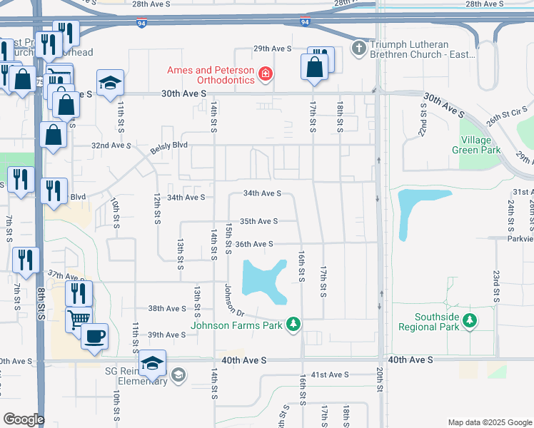 map of restaurants, bars, coffee shops, grocery stores, and more near 1558 35th Avenue South in Moorhead