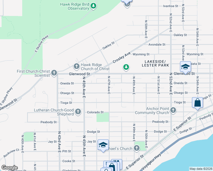map of restaurants, bars, coffee shops, grocery stores, and more near 4630 Oneida Street in Duluth