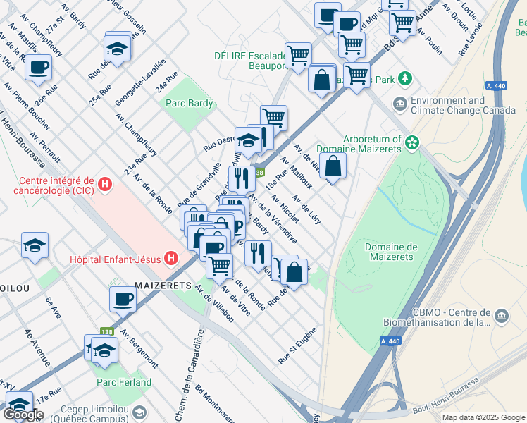 map of restaurants, bars, coffee shops, grocery stores, and more near 1755 Avenue de la Vérendrye in Ville de Québec