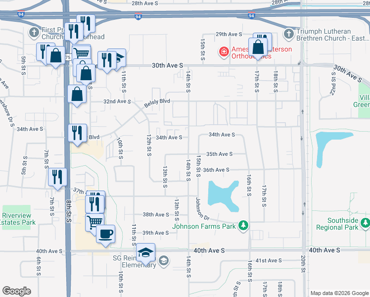map of restaurants, bars, coffee shops, grocery stores, and more near 1328 35th Avenue South in Moorhead