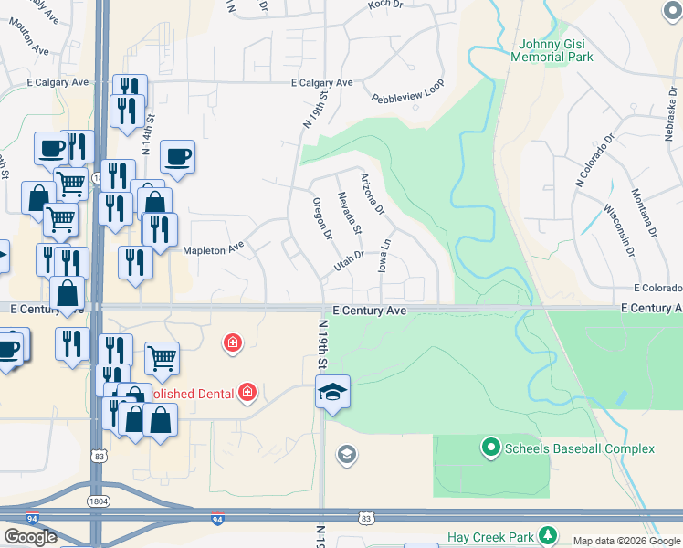 map of restaurants, bars, coffee shops, grocery stores, and more near 2004 Oregon Drive in Bismarck