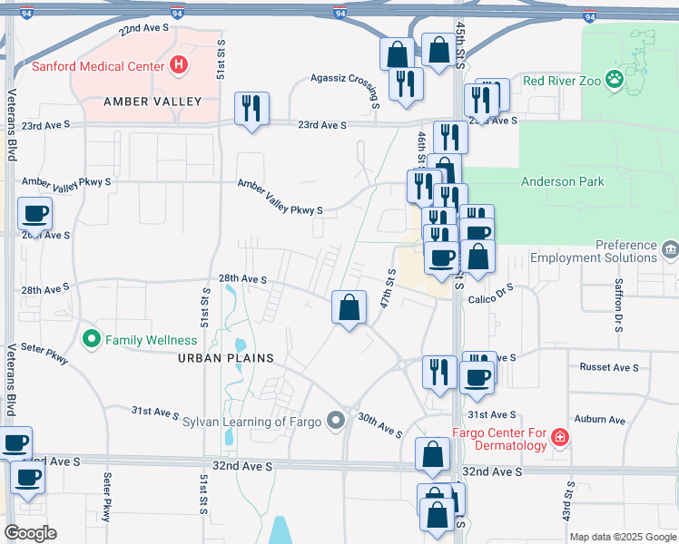 map of restaurants, bars, coffee shops, grocery stores, and more near 4825 28th Avenue South in Fargo