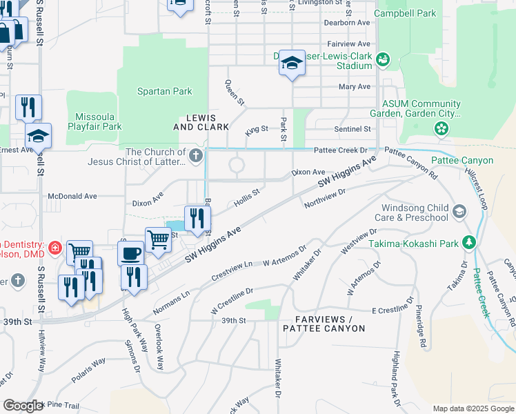 map of restaurants, bars, coffee shops, grocery stores, and more near 510 Southwest Higgins Avenue in Missoula