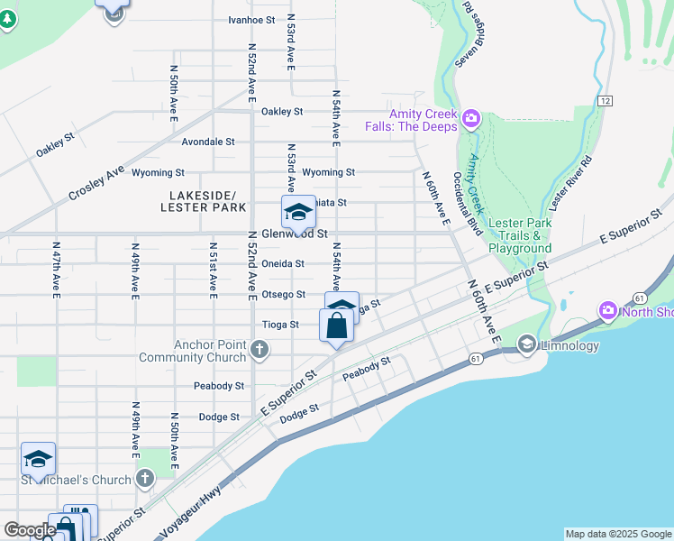 map of restaurants, bars, coffee shops, grocery stores, and more near 315 North 54th Avenue East in Duluth