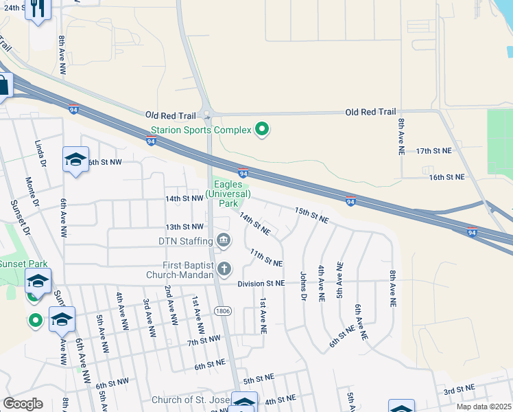 map of restaurants, bars, coffee shops, grocery stores, and more near 203 15th Street Northeast in Mandan
