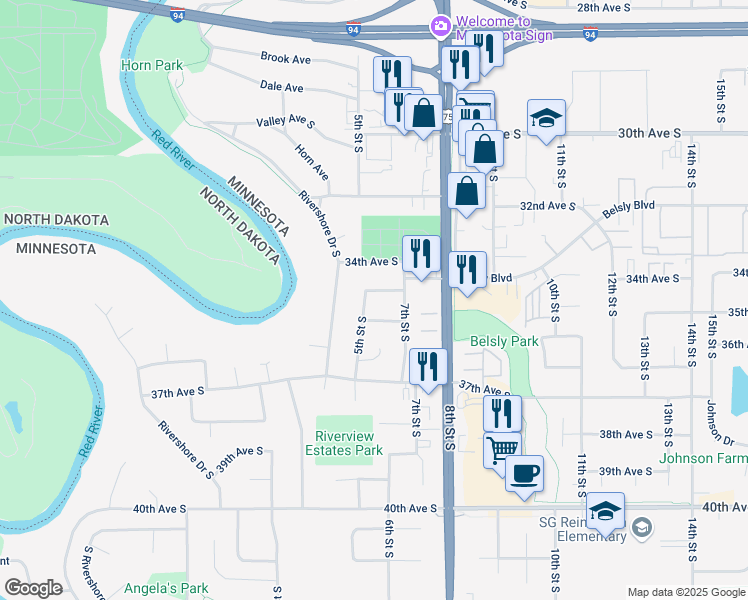 map of restaurants, bars, coffee shops, grocery stores, and more near 3504 5th Street South in Moorhead