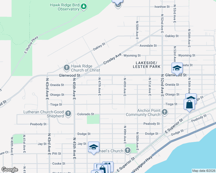 map of restaurants, bars, coffee shops, grocery stores, and more near 4730 Oneida Street in Duluth
