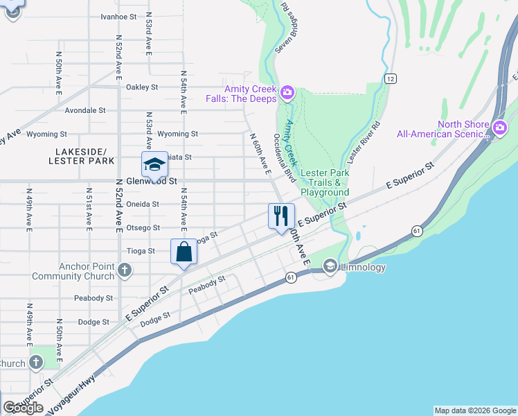 map of restaurants, bars, coffee shops, grocery stores, and more near 5811 Tioga Street in Duluth