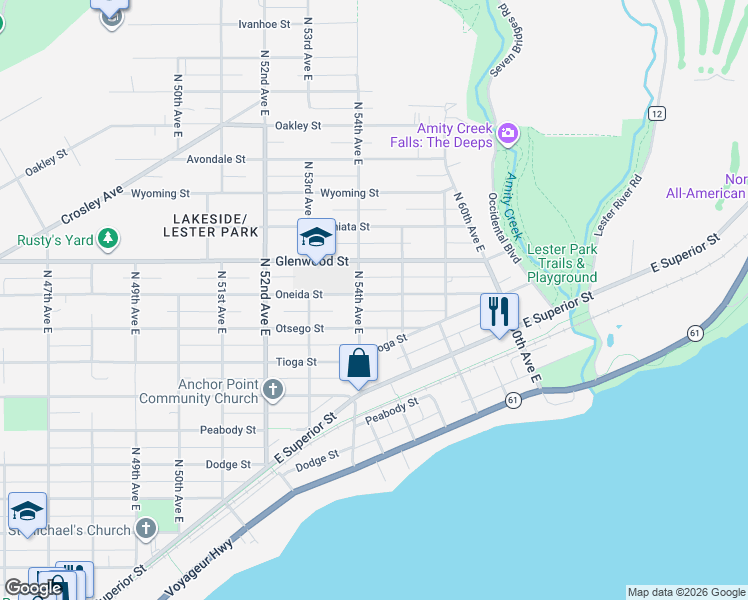 map of restaurants, bars, coffee shops, grocery stores, and more near 225 North 54th Avenue East in Duluth