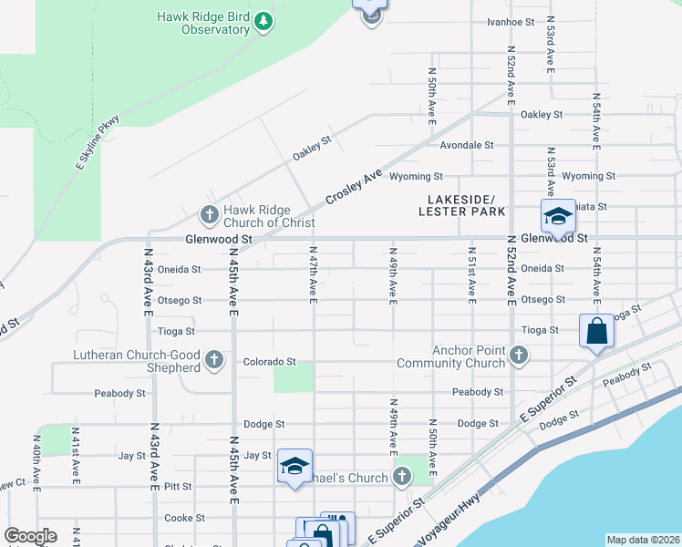 map of restaurants, bars, coffee shops, grocery stores, and more near 4730 Oneida Street in Duluth