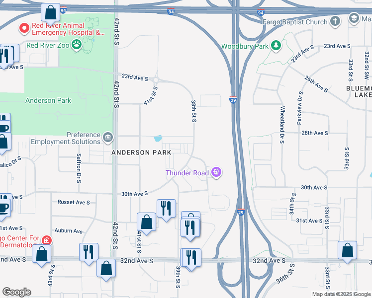 map of restaurants, bars, coffee shops, grocery stores, and more near 3807 30th Avenue South in Fargo