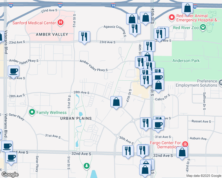 map of restaurants, bars, coffee shops, grocery stores, and more near 4815 28th Avenue South in Fargo