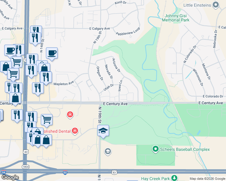 map of restaurants, bars, coffee shops, grocery stores, and more near 2004 Oregon Drive in Bismarck