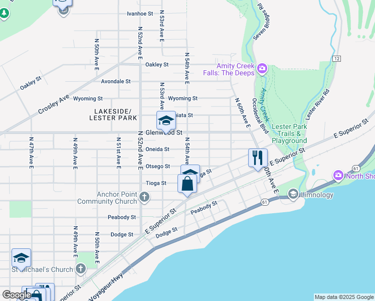 map of restaurants, bars, coffee shops, grocery stores, and more near 315 North 54th Avenue East in Duluth