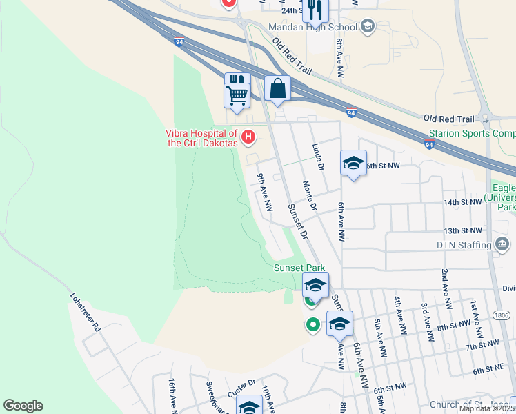 map of restaurants, bars, coffee shops, grocery stores, and more near 1501 9th Avenue Northwest in Mandan