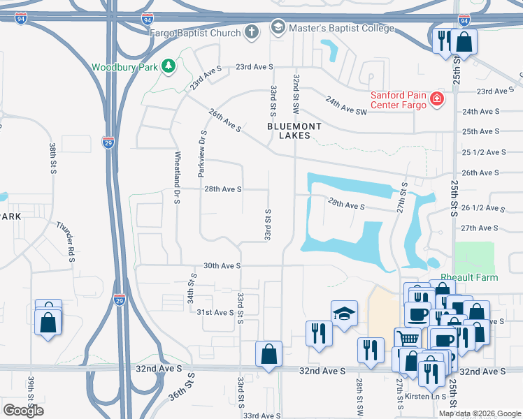 map of restaurants, bars, coffee shops, grocery stores, and more near 2826 33rd Street South in Fargo