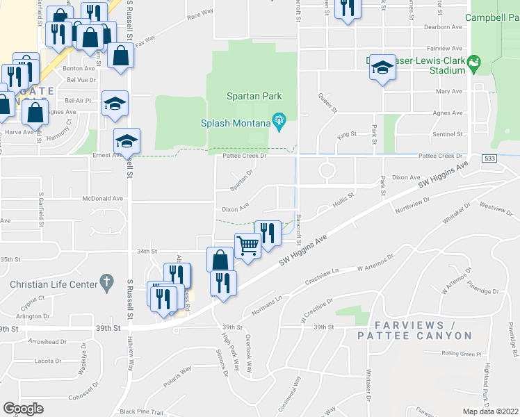 map of restaurants, bars, coffee shops, grocery stores, and more near 816 West Hallmark Lane in Missoula