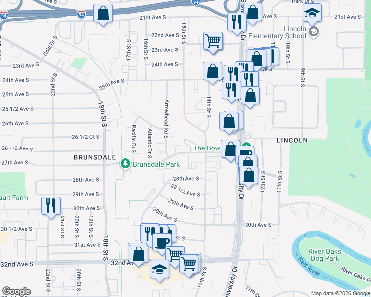 map of restaurants, bars, coffee shops, grocery stores, and more near 1511 27th Avenue South in Fargo