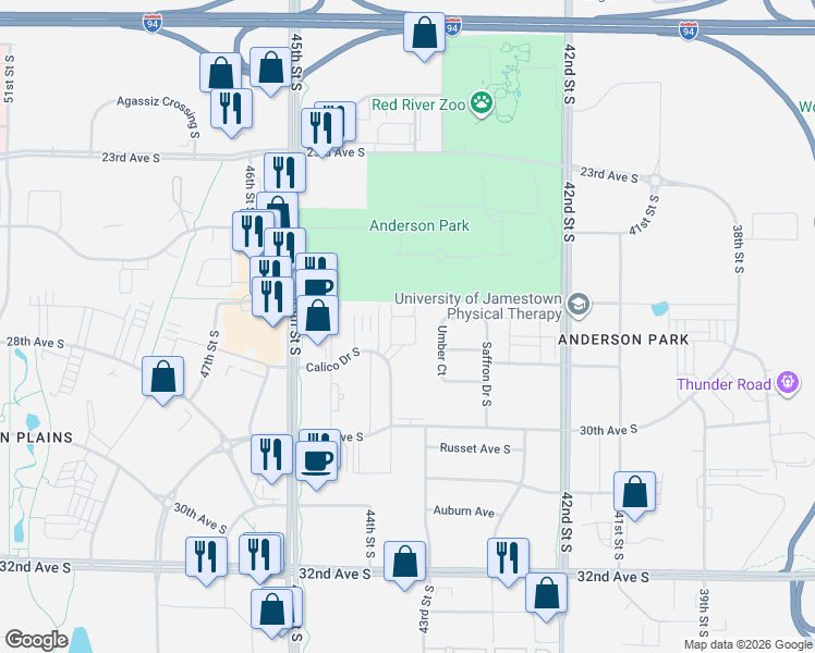 map of restaurants, bars, coffee shops, grocery stores, and more near 4389 Calico Drive South in Fargo