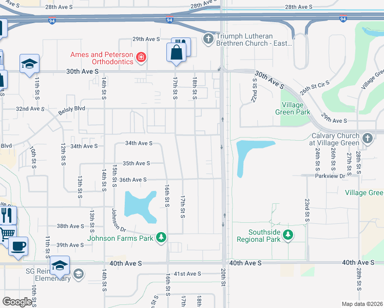 map of restaurants, bars, coffee shops, grocery stores, and more near 3445 18th Street South in Moorhead