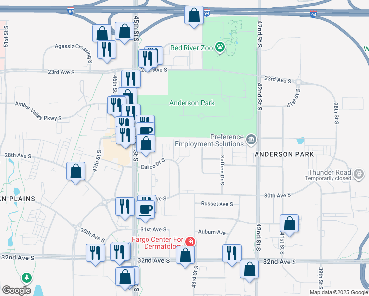 map of restaurants, bars, coffee shops, grocery stores, and more near 4385 Calico Drive South in Fargo
