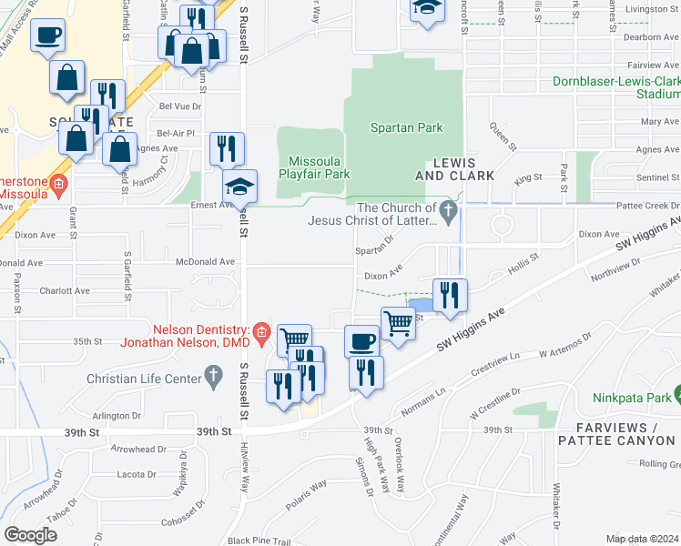 map of restaurants, bars, coffee shops, grocery stores, and more near 1003 McDonald Avenue in Missoula