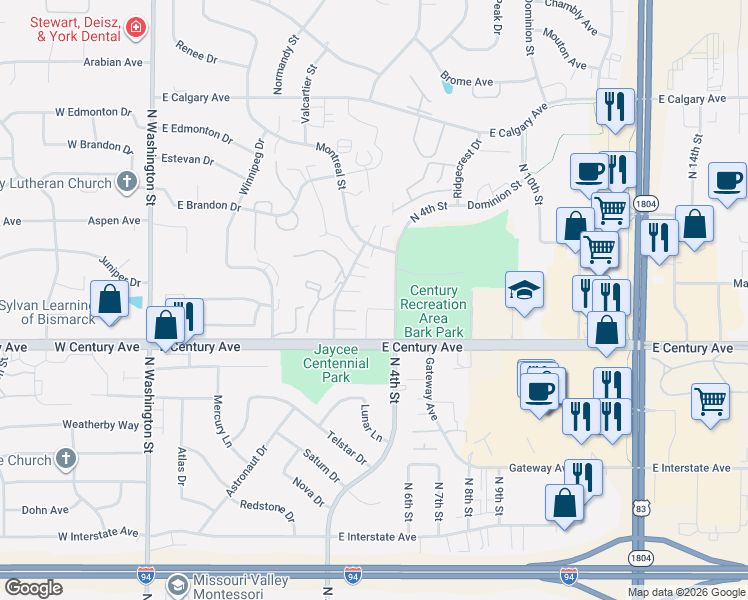 map of restaurants, bars, coffee shops, grocery stores, and more near in Bismarck