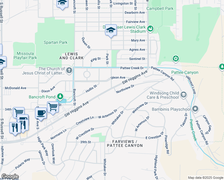 map of restaurants, bars, coffee shops, grocery stores, and more near 403 Southwest Higgins Avenue in Missoula