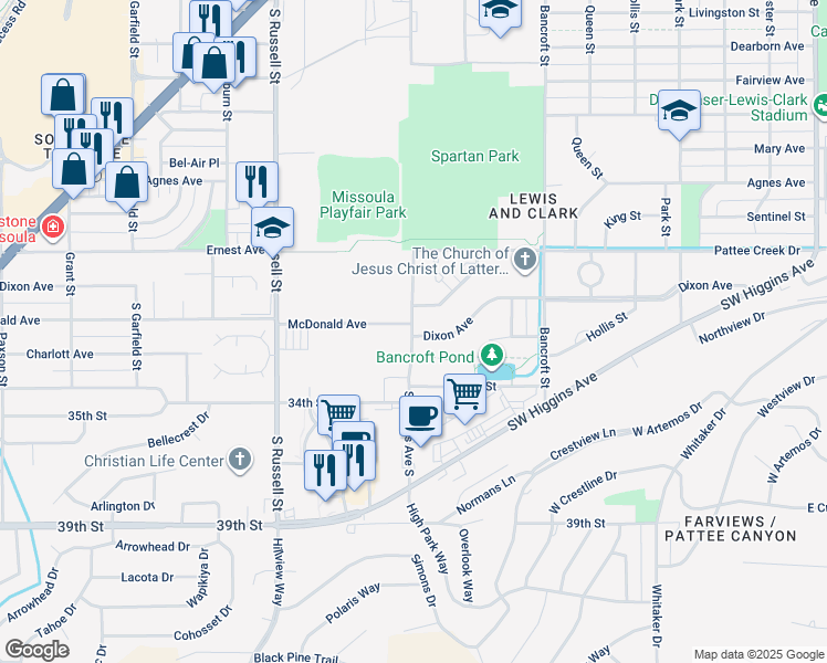map of restaurants, bars, coffee shops, grocery stores, and more near 3407 Stephens Avenue South in Missoula