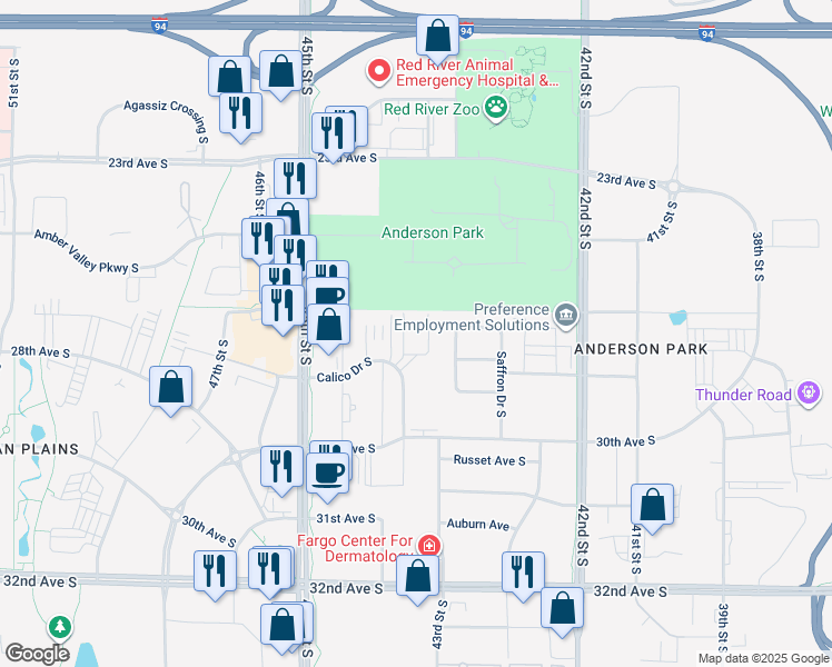 map of restaurants, bars, coffee shops, grocery stores, and more near 4385 Calico Drive South in Fargo