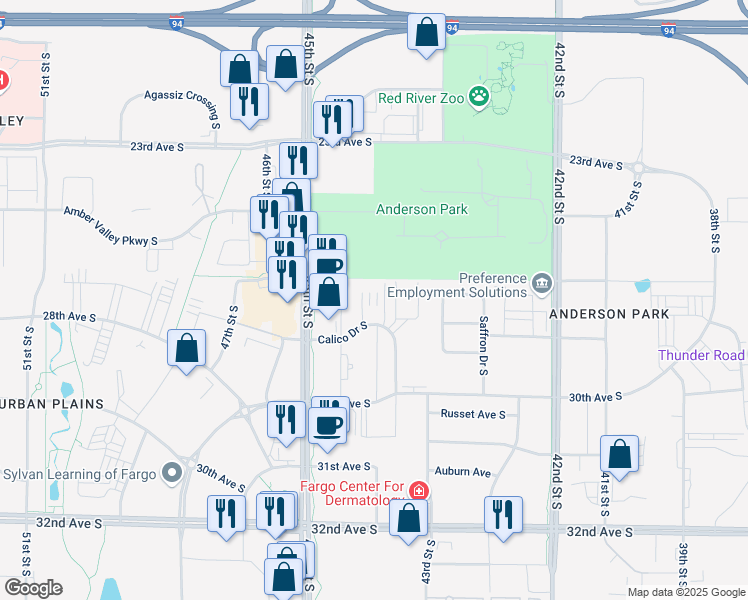 map of restaurants, bars, coffee shops, grocery stores, and more near 4415 Calico Drive South in Fargo