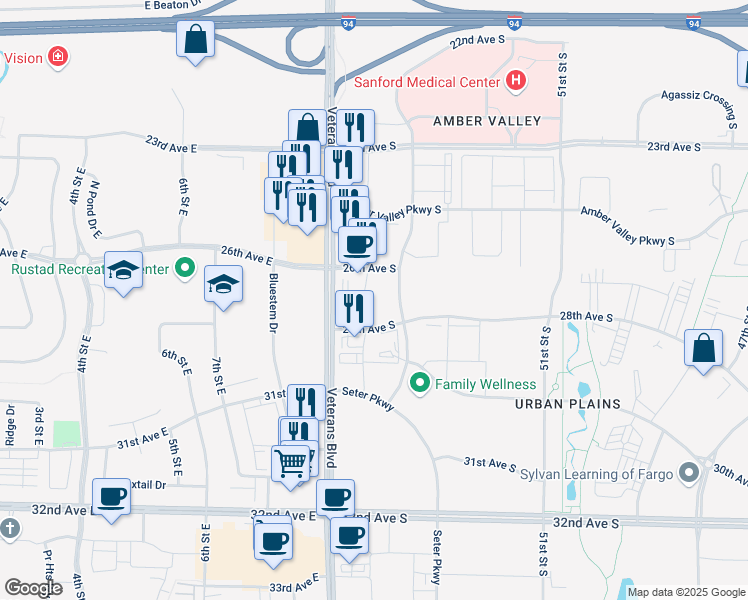 map of restaurants, bars, coffee shops, grocery stores, and more near in Fargo