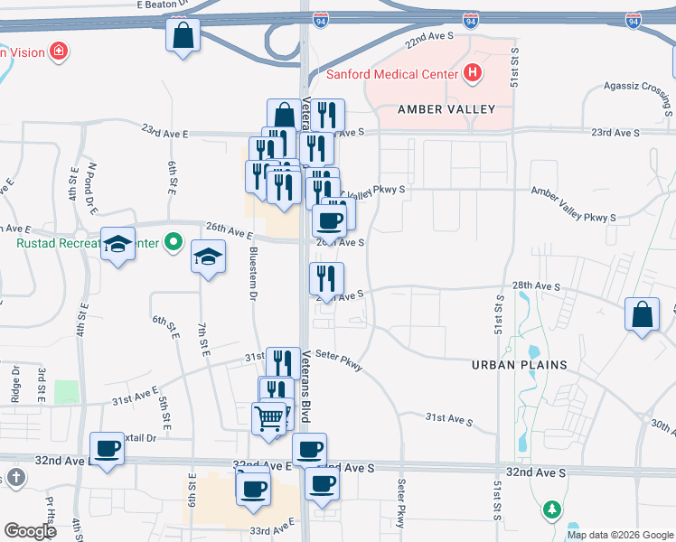 map of restaurants, bars, coffee shops, grocery stores, and more near in Fargo