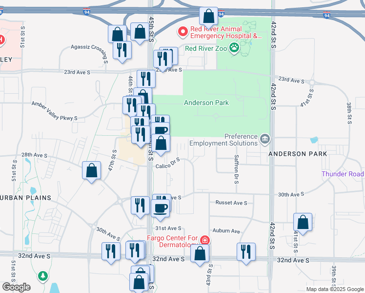 map of restaurants, bars, coffee shops, grocery stores, and more near 4415 Calico Drive South in Fargo