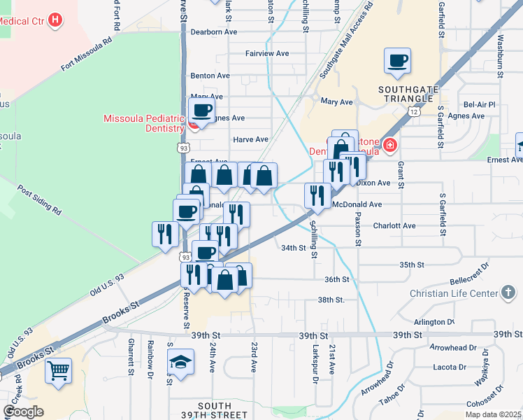 map of restaurants, bars, coffee shops, grocery stores, and more near 3521 Brooks St in Missoula