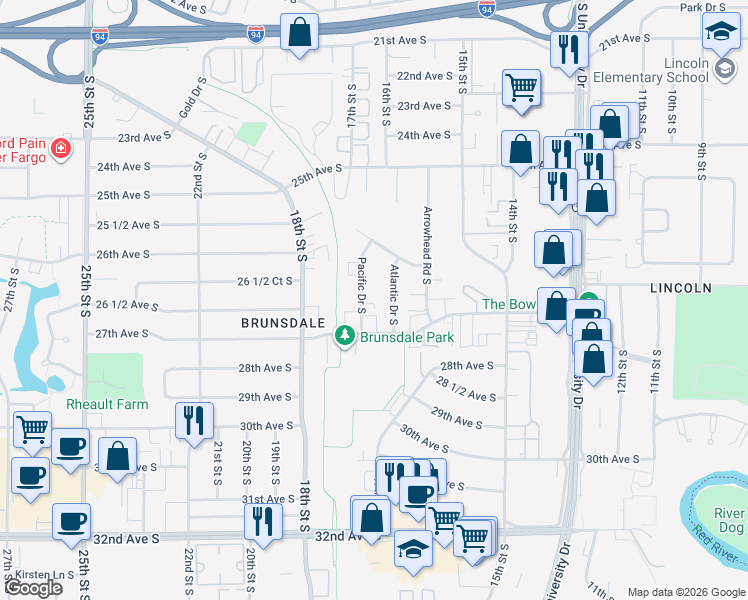 map of restaurants, bars, coffee shops, grocery stores, and more near 2621 Atlantic Drive South in Fargo
