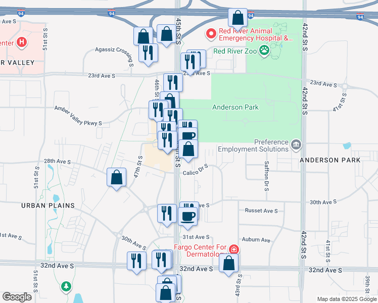 map of restaurants, bars, coffee shops, grocery stores, and more near 4487 Calico Drive South in Fargo