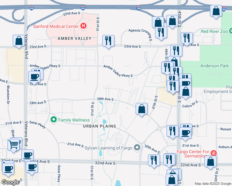 map of restaurants, bars, coffee shops, grocery stores, and more near 4915 28th Avenue South in Fargo