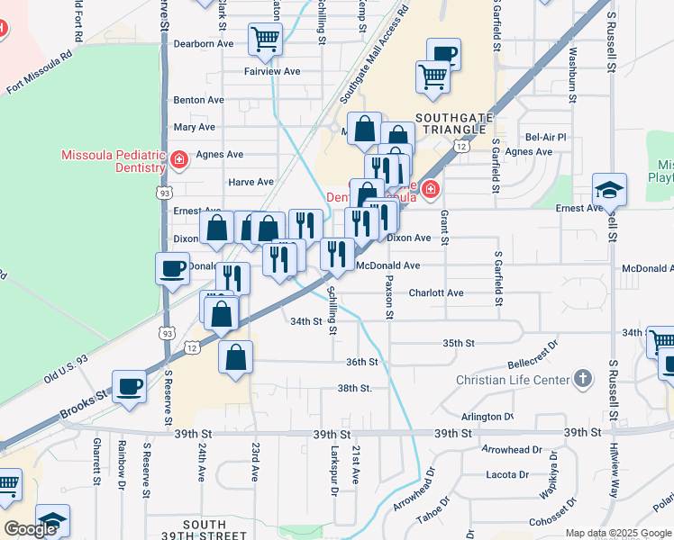 map of restaurants, bars, coffee shops, grocery stores, and more near 3198 Schilling Street in Missoula