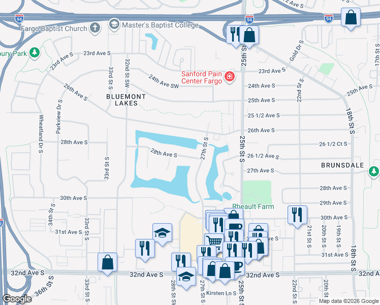 map of restaurants, bars, coffee shops, grocery stores, and more near 2807 27th St S in Fargo