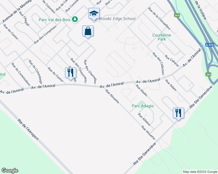 map of restaurants, bars, coffee shops, grocery stores, and more near 1453 Avenue de l'Amiral in Québec