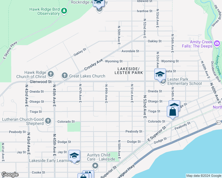 map of restaurants, bars, coffee shops, grocery stores, and more near 4907 Oneida Street in Duluth