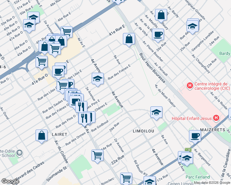 map of restaurants, bars, coffee shops, grocery stores, and more near 400 Rue des Pins Est in Québec